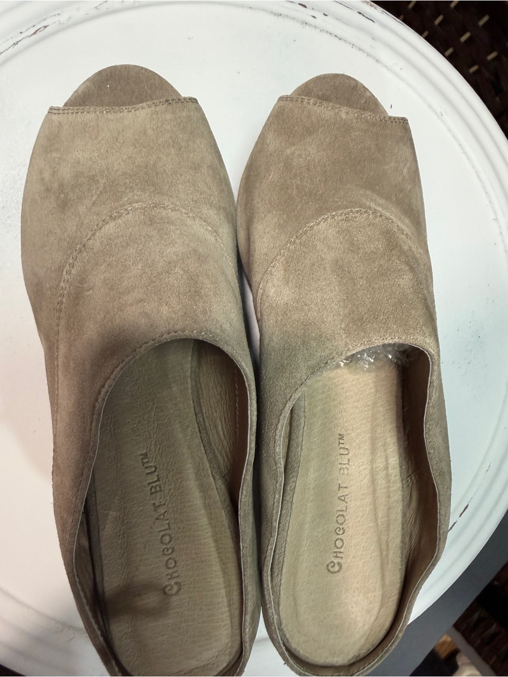 Chocolat Blu Taupe Suede Open-Toe Slip-On Mules
